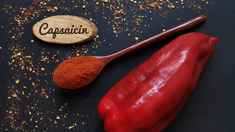 Fresh red chili pepper and chili powder in wooden spoon with the inscription Capsaicin. Capsaicin is the compound found in chili peppers that gives them their hot, spicy kick.