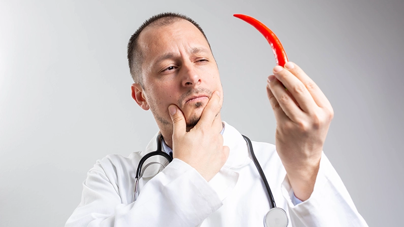 Handsome doctor in a white coat holding red hot chili pepper and thinking about Health Benefits of Capsaicin.